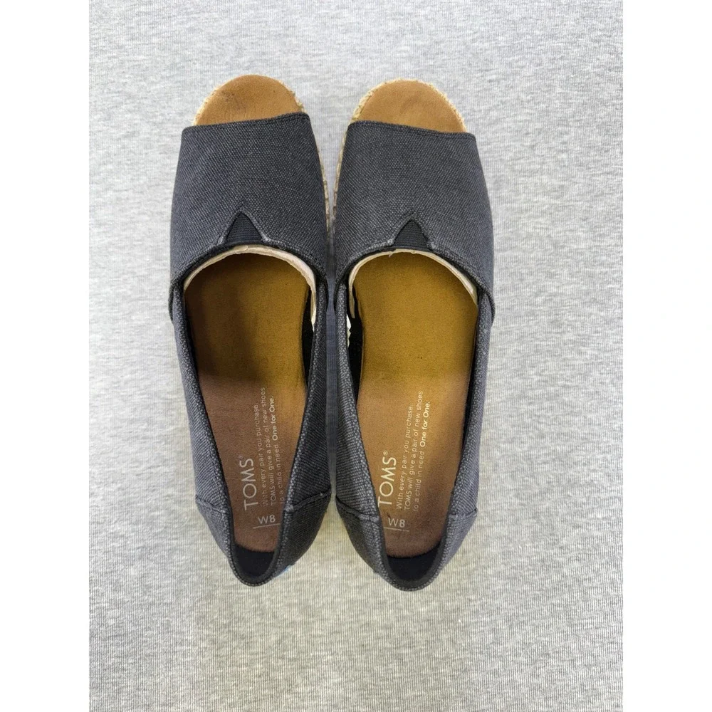 TOMS Clarissa Peep Toe Espadrille Wedge‎ Sandals Charcoal Gray Canvas Womens 8